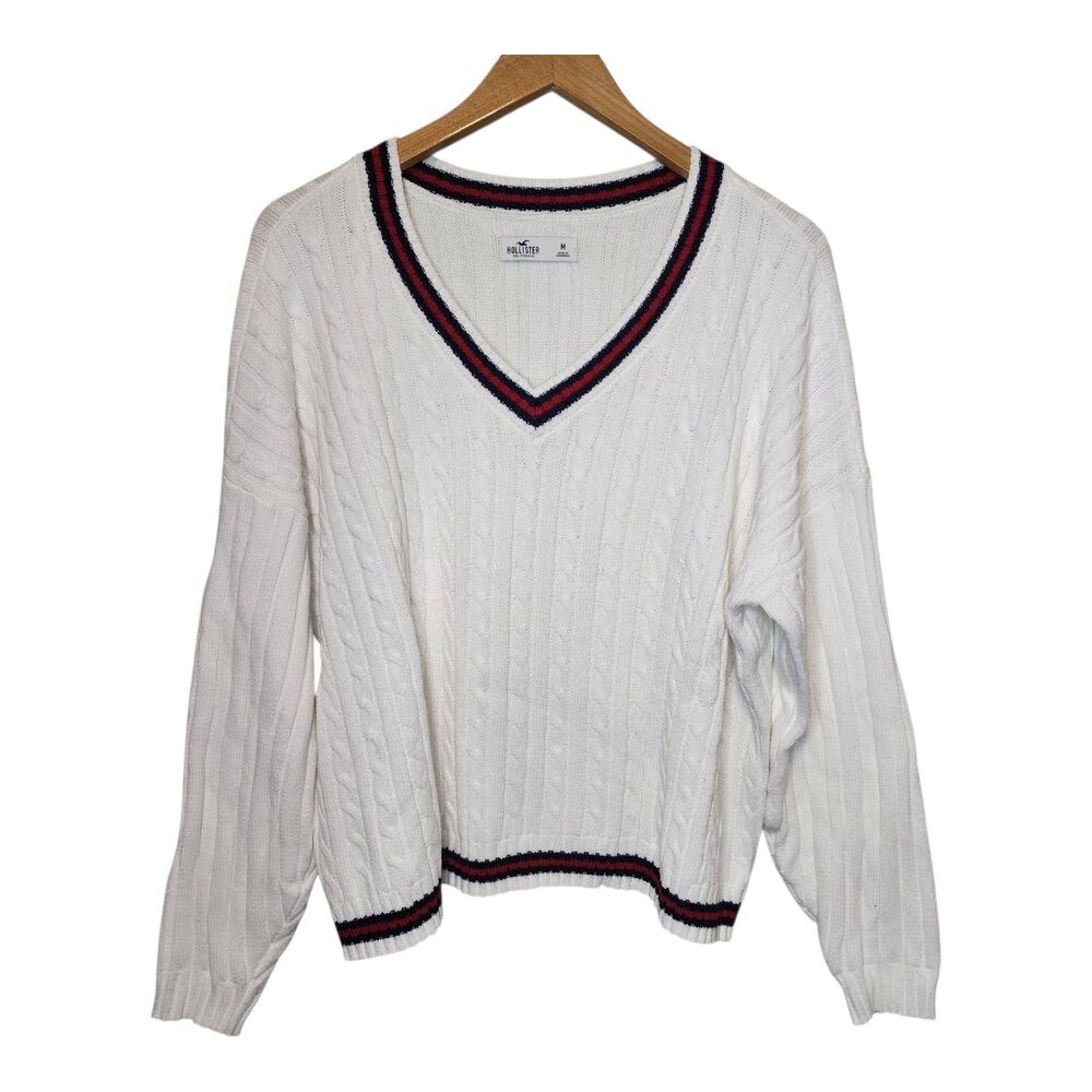 White V-Neck Cable Knit Sweater